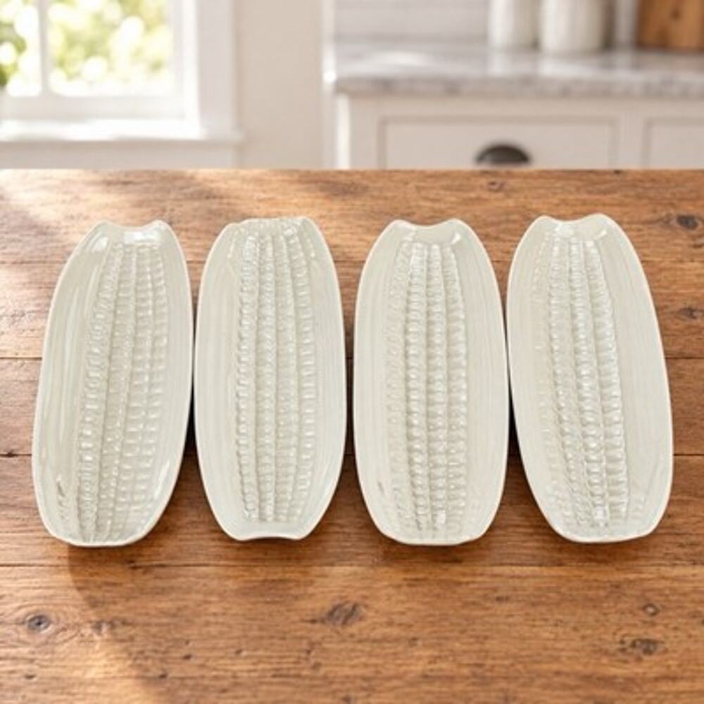 Vintage White Ceramic Corn on the Cob Dishes Set of 4 Serving Trays 10 Inch